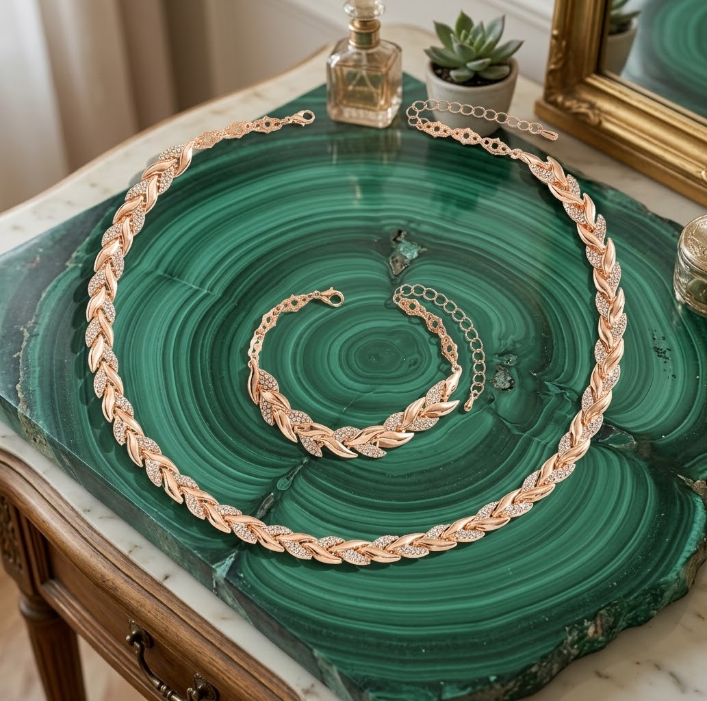 Set Elegante de Collar y Pulsera Hoja Imperial – Acabado Dorado con Pedrería Brilliant