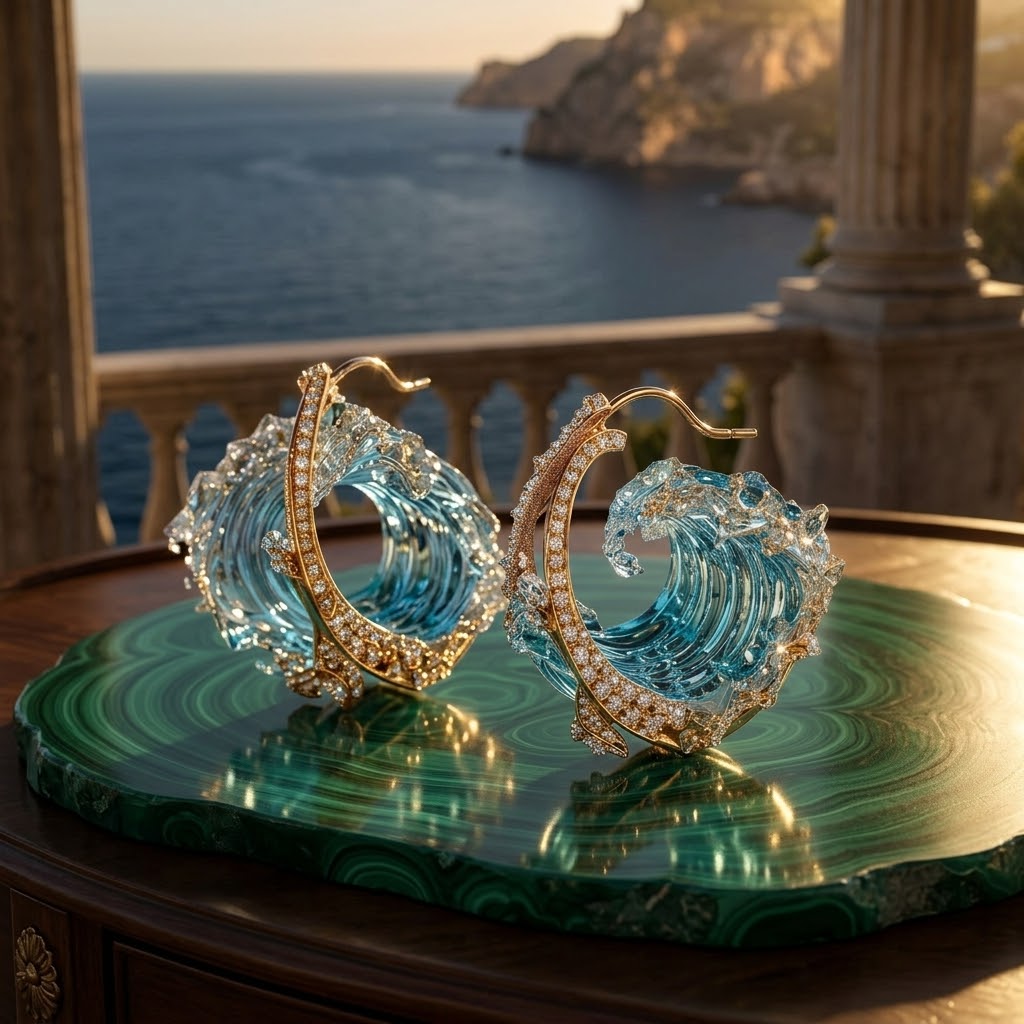 Pendientes de Aro "Ola de Cristal" – Edición Dorada con Cristal Ocean Blue y Pavé Brilliant