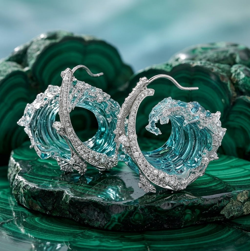Pendientes de Aro "Ola de Cristal" – Diseño Escultórico Ocean Blue y Pavé de Diamantes Simulado